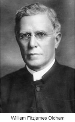 Black and white portrait of Bishop William Fitzjames Oldham, an elderly man wearing clerical attire.